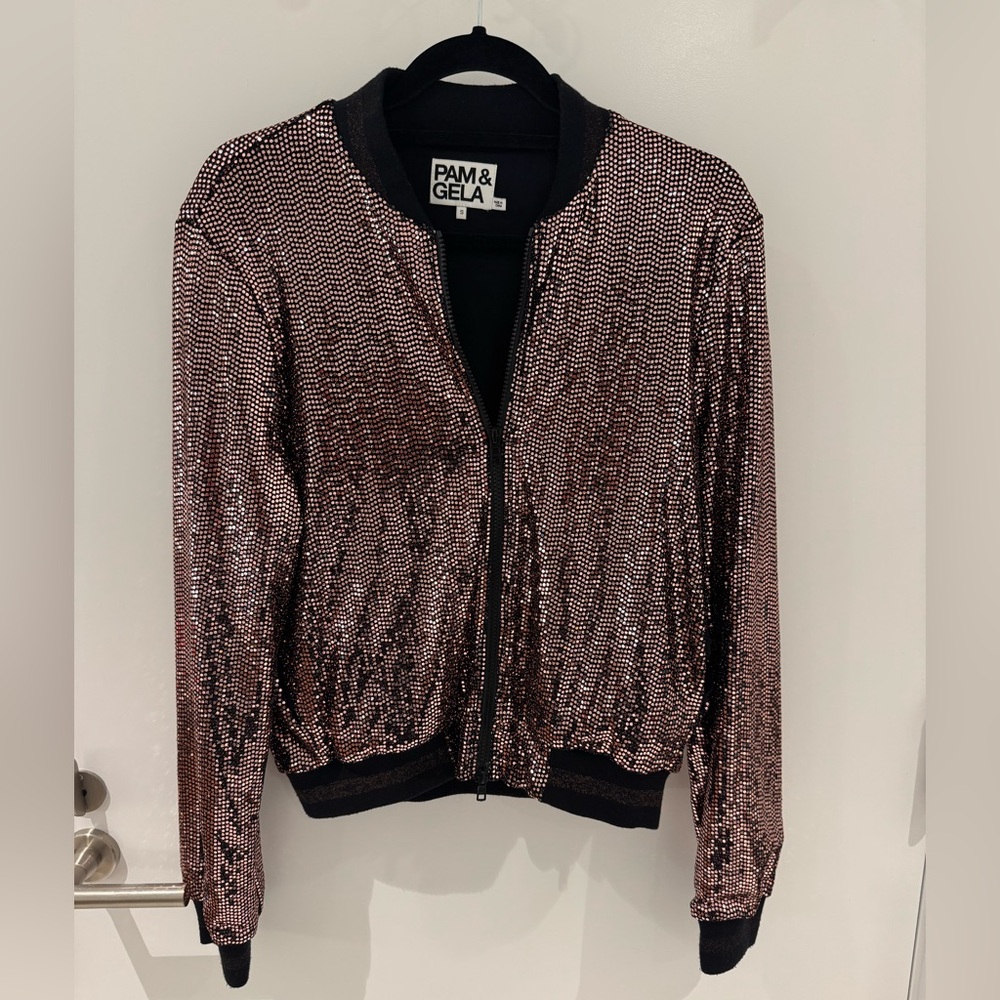 Pam & Gela Women's Shimmering Bomber Jacket - Rose Gold